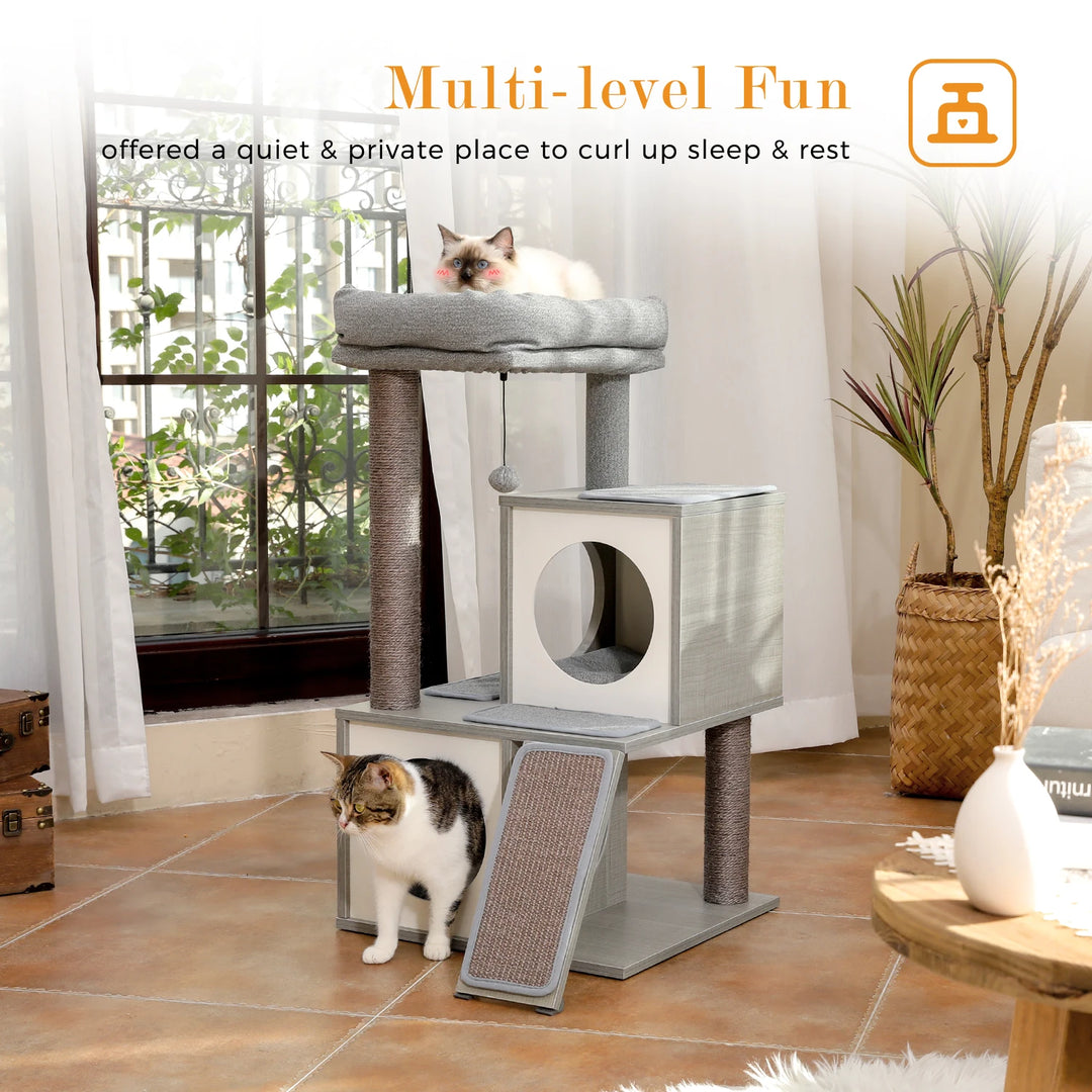 Arbre à chat 89 cm en bois gris avec niches rondes et rampe griffoir