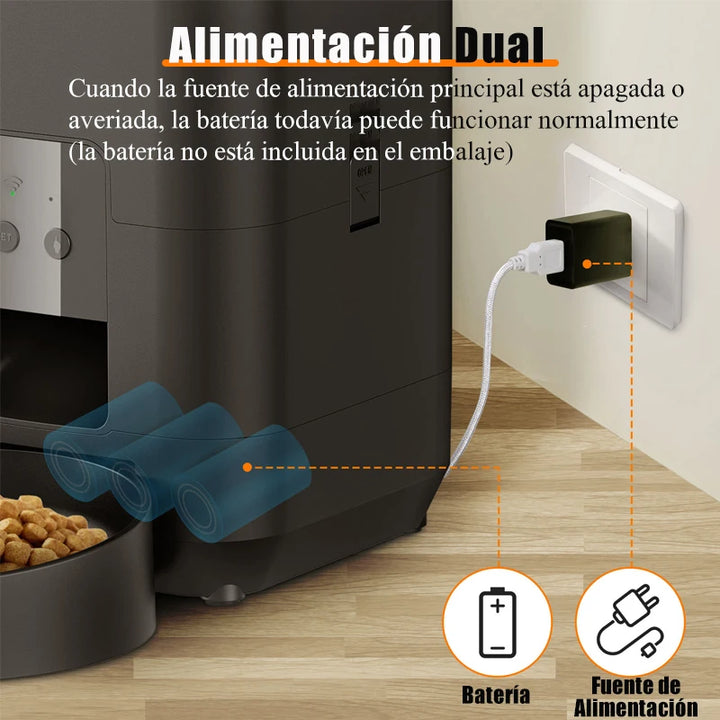 Distributeur de nourriture pour animaux, noir, alimentation double avec batterie et prise, idéal pour vos animaux.