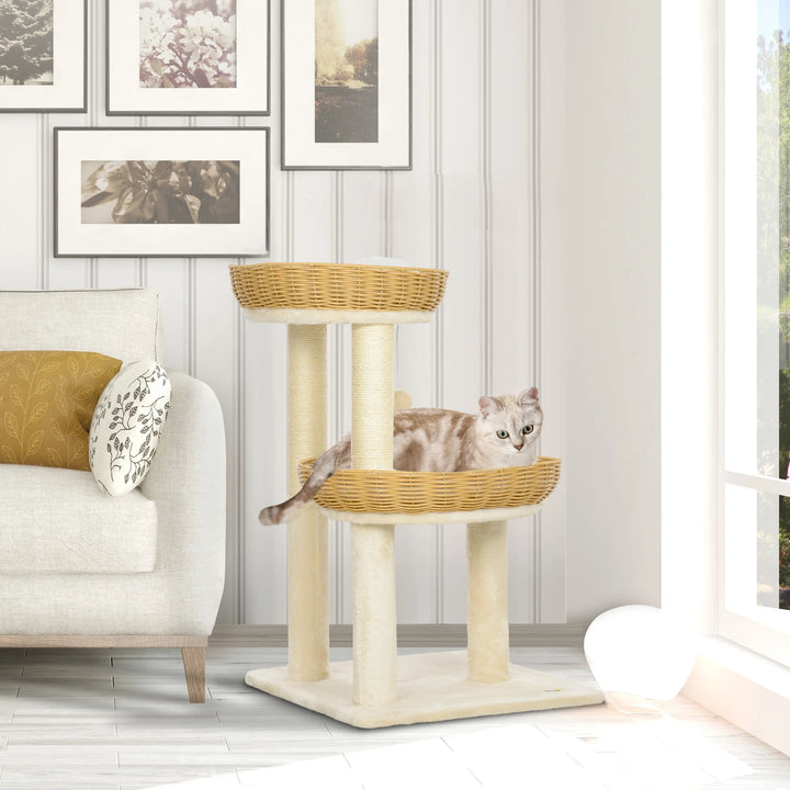 Arbre à chat 75 cm avec deux paniers en rotin et coussins lavables