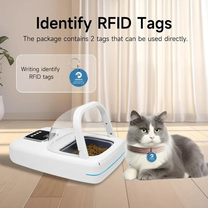 Distributeur RFID blanc pour chats avec 2 étiquettes, idéal pour l'identification et la gestion de nourriture.