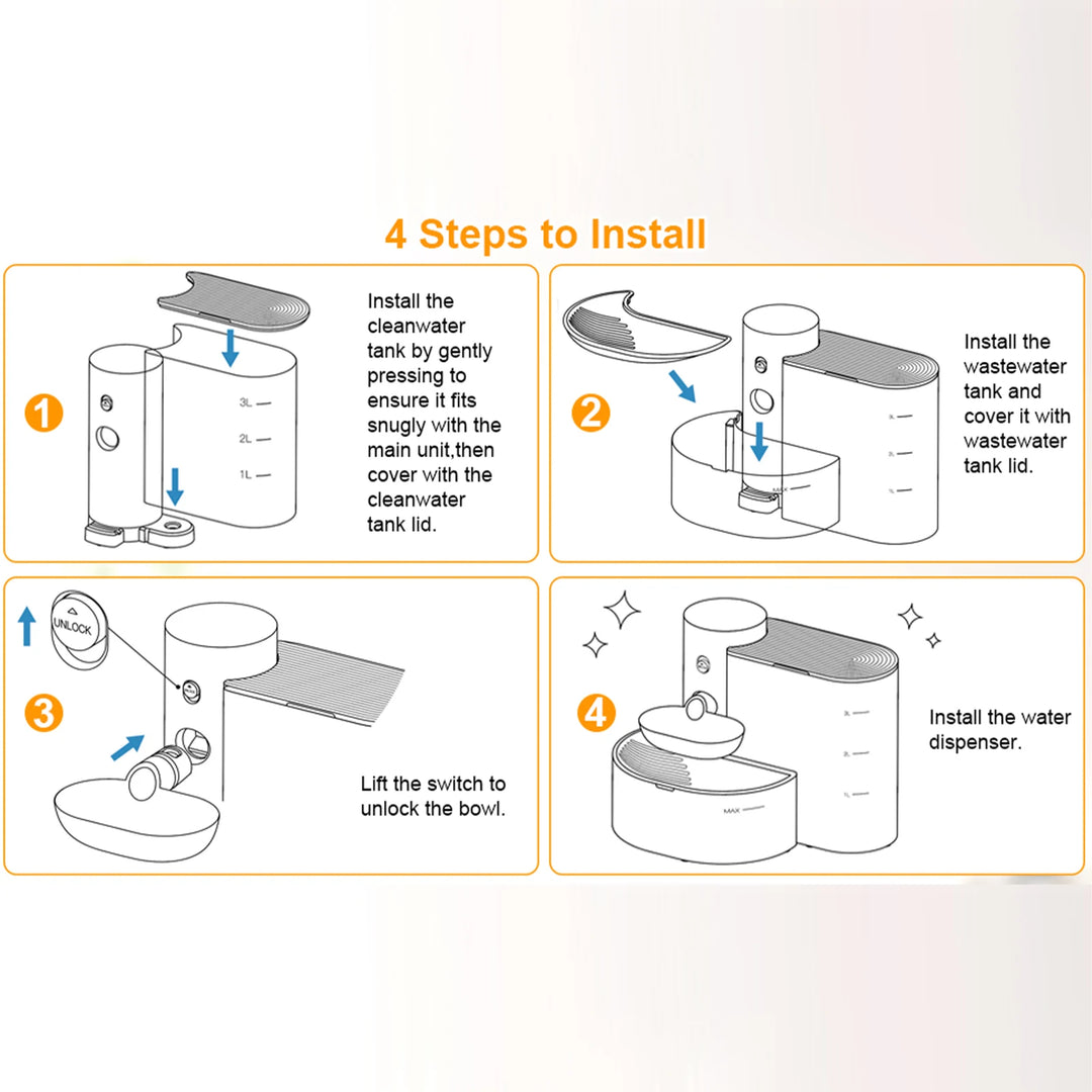 Guide d'installation pour un système de distribution d'eau, incluant réservoir clair et réservoir de déchets.