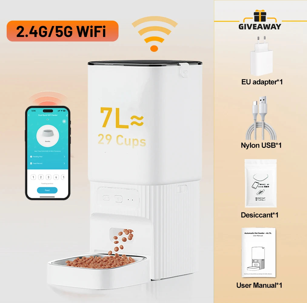 Distributeur automatique de nourriture pour animaux, 7L, Wi-Fi, blanc, grande capacité de 29 tasses.