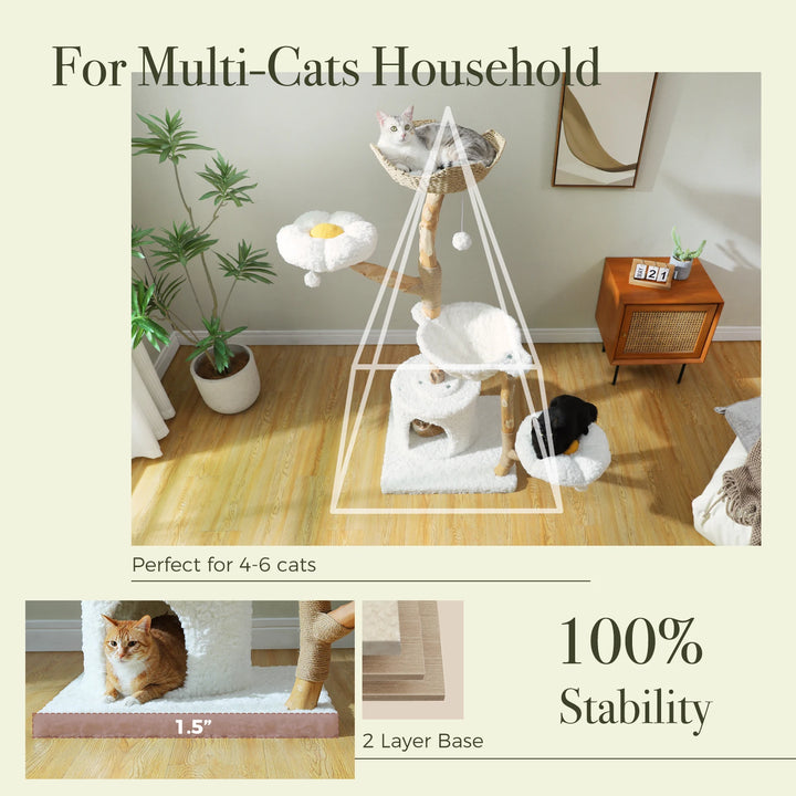 Arbre à chat 150 cm en bois massif avec panier tressé et plateformes fleur