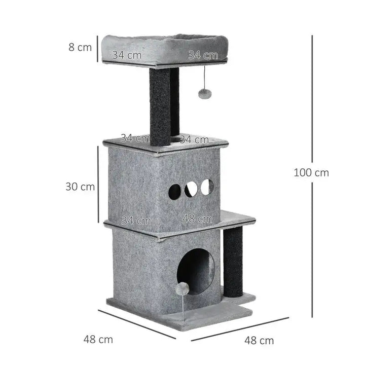 Arbre à chat 100 cm gris avec niches et plateformes