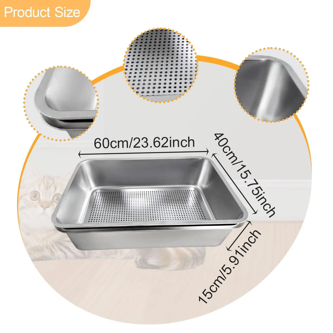 Bac à litière ouvert en inox anti-projection – Modèle "SteelTray EasyClean"