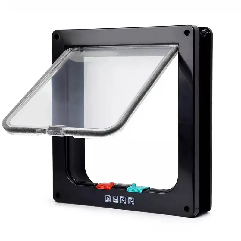 Chatière en plastique noir avec panneau de verre transparent, système de verrouillage et ouvertures réglables.