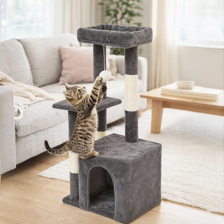 Arbre à chat compact 80 cm gris avec double niche et griffoirs
