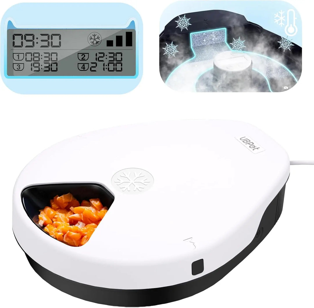 Appareil de réfrigération pour aliments, blanc, avec écran numérique et compartiment pour nourriture.