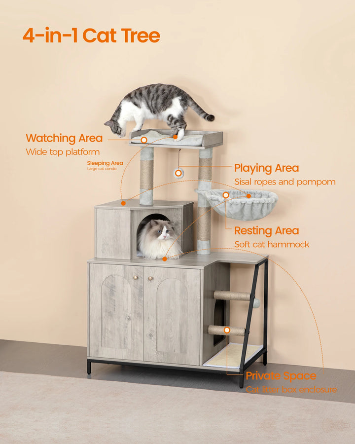 Meuble arbre à chat avec cache litière intégré et hamac
