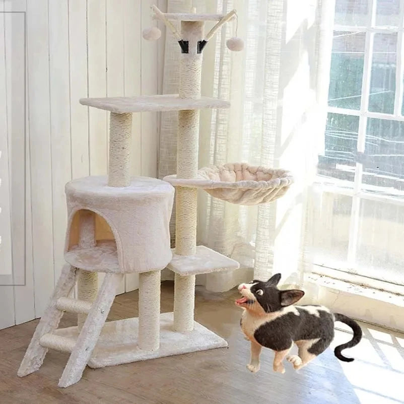 Arbre à chat intégral avec villa et plateformes - Modèle : "ChâteauFélin"