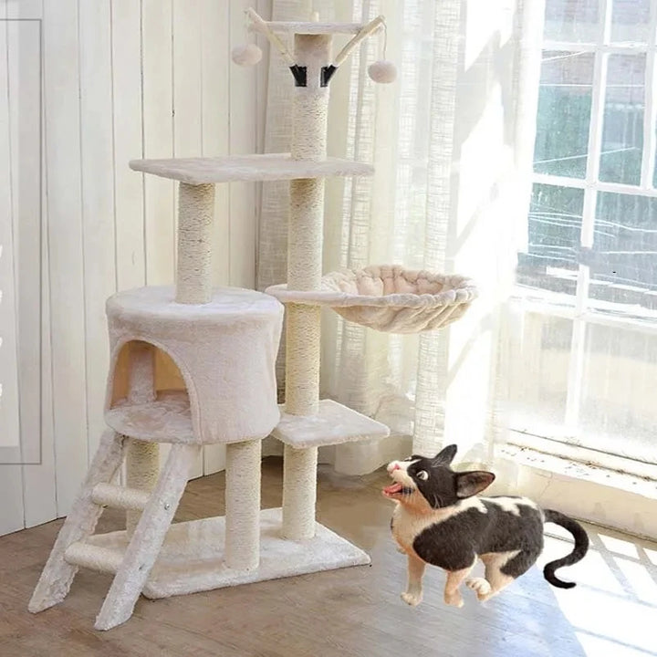 Arbre à chat intégral avec villa et plateformes - Modèle : "ChâteauFélin"