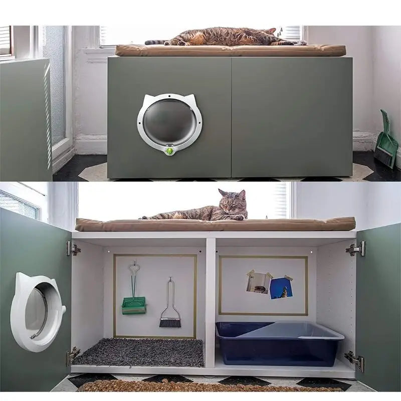 Meuble pour chat gris avec niche, bac à litière et coussin confortable sur le dessus.