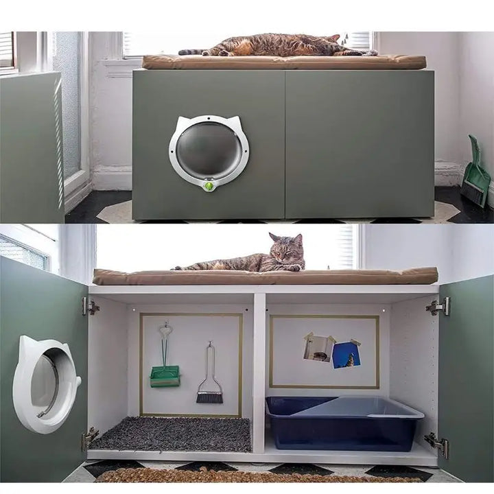 Meuble pour chat gris avec niche, bac à litière et coussin confortable sur le dessus.