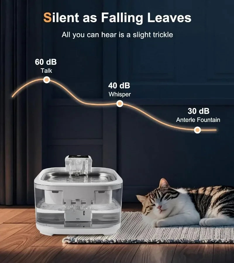 Fontaine à eau pour animaux, couleur blanche, silencieuse (30 dB), design moderne avec filtration intégrée.