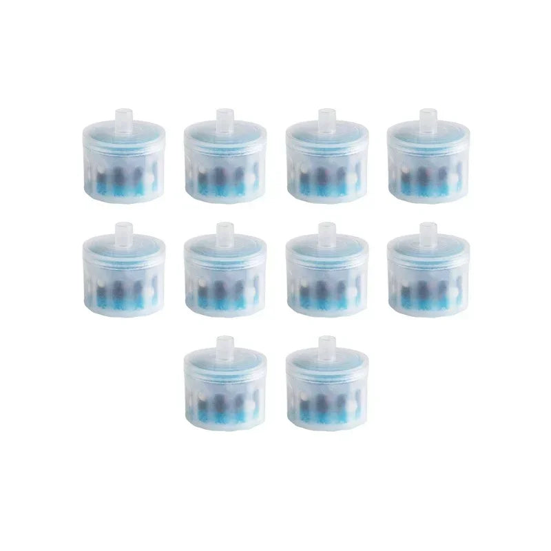 Lot de 10 cartouches de filtration, transparentes, avec un couvercle bleu, adaptées aux systèmes de purification.