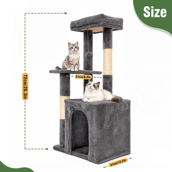 Arbre à chat compact 80 cm gris avec double niche et griffoirs