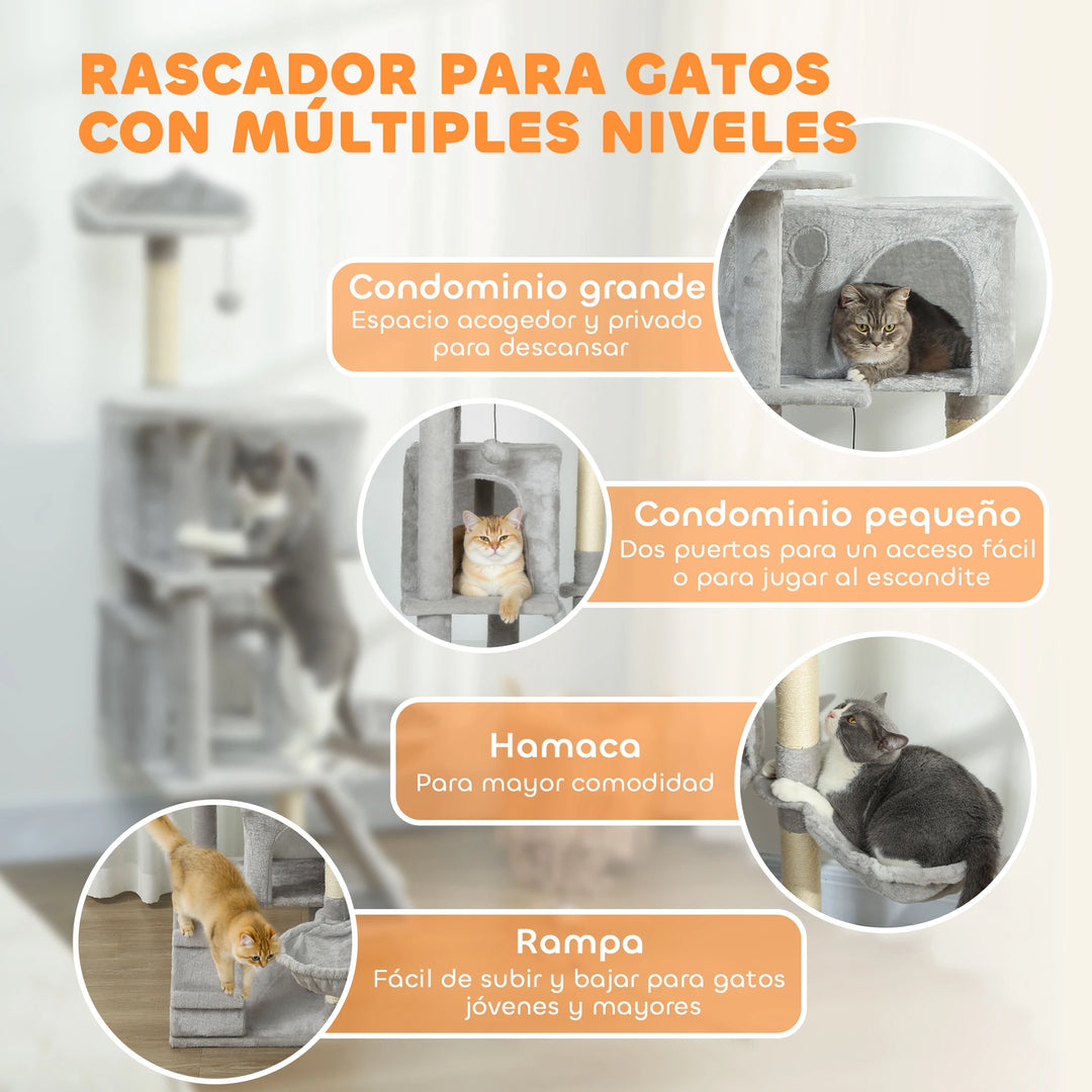 Arbre à chat 140 cm avec niches, hamac et plateforme à oreilles
