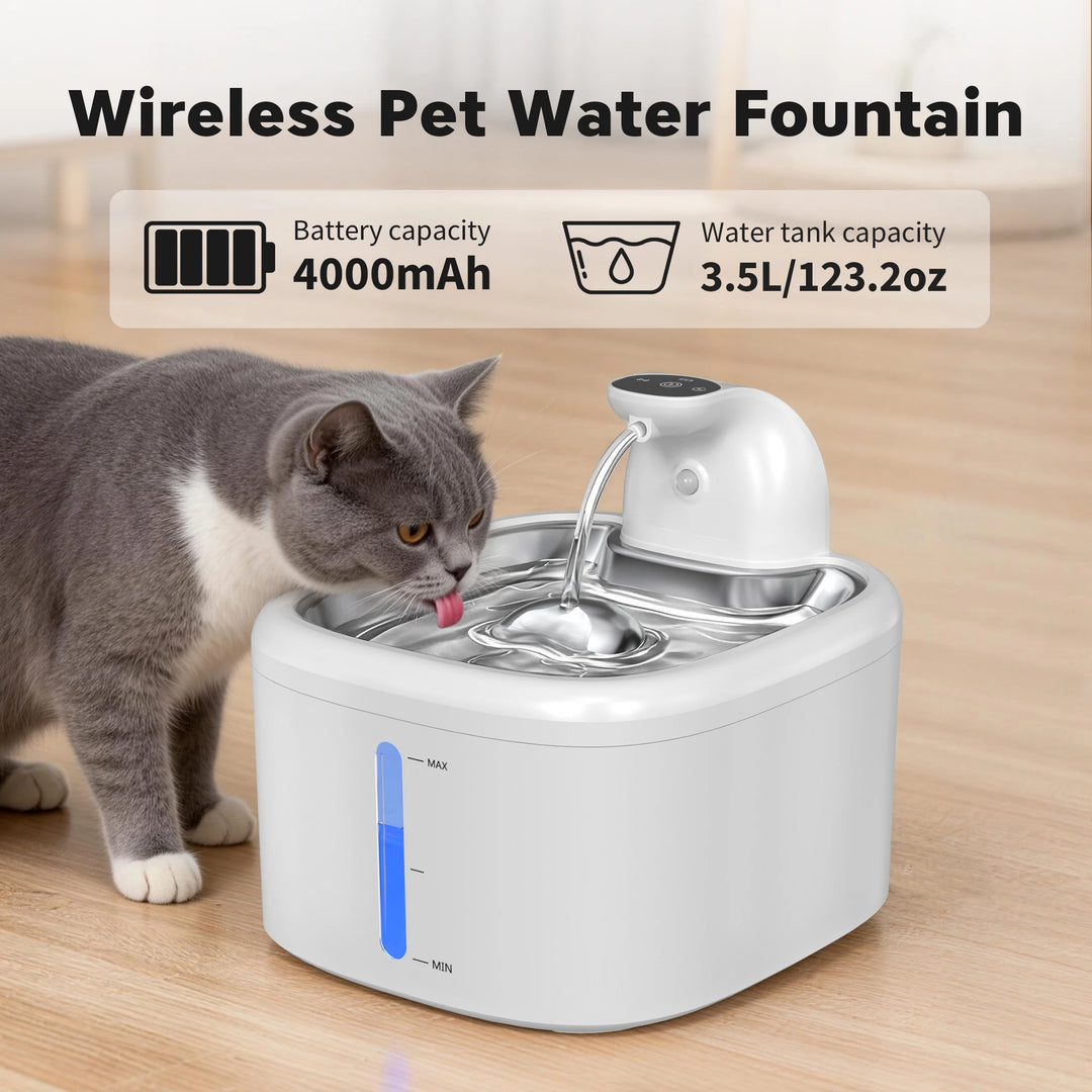 Fontaine à eau sans fil pour animaux, couleur blanche, 3,5L, batterie 4000mAh, design moderne.