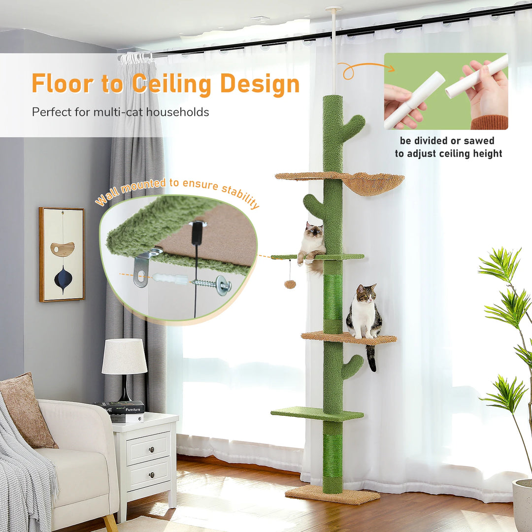 Adjustable floor-to-ceiling cactus-shaped cat tree - Model: "CactusEscapade"