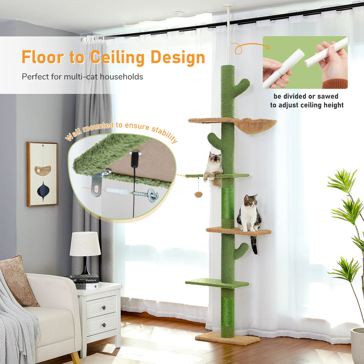 Adjustable floor-to-ceiling cactus-shaped cat tree - Model: "CactusEscapade"