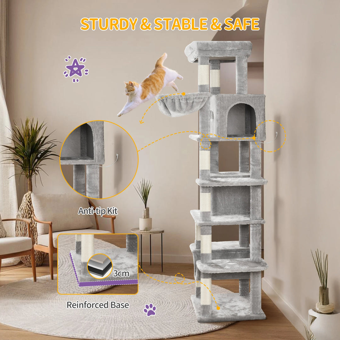 Arbre à chat 210 cm gris clair avec niches, hamac et griffoirs sisal
