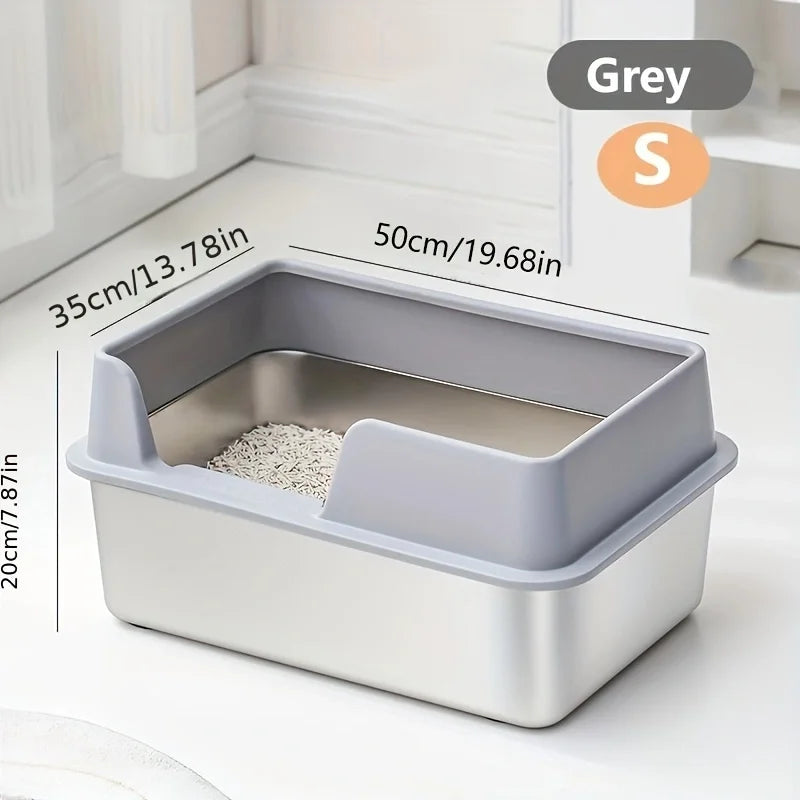 Bac à litière chat en acier inoxydable avec rebords hauts – Modèle "SteelGuard Anti-Projections"
