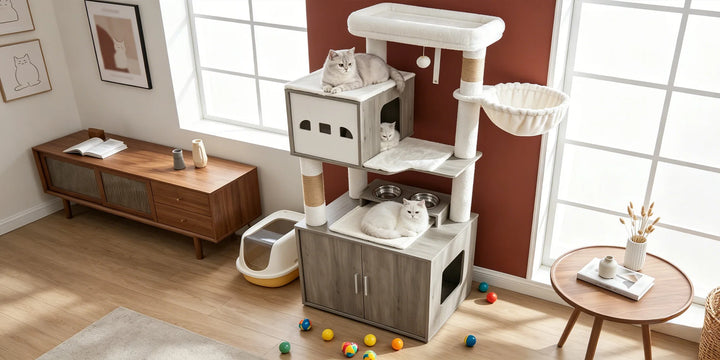 Arbre à chat 150 cm avec cache litière fermé et gamelles en inox
