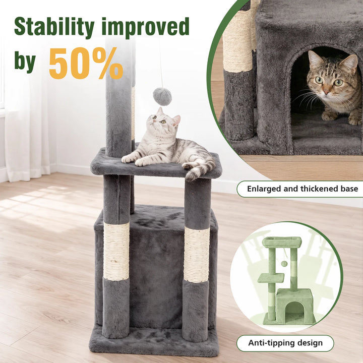 Arbre à chat compact 80 cm gris avec double niche et griffoirs