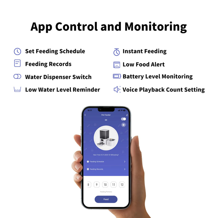 Contrôleur d'alimentation pour animaux, application mobile, programmation, rappel d'eau basse, couleur noire.