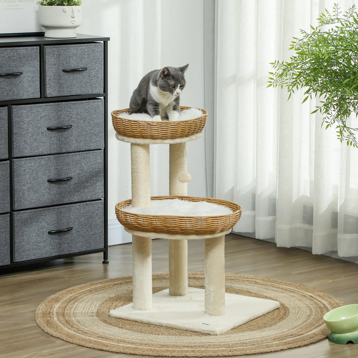 Arbre à chat 75 cm avec deux paniers en rotin et coussins lavables