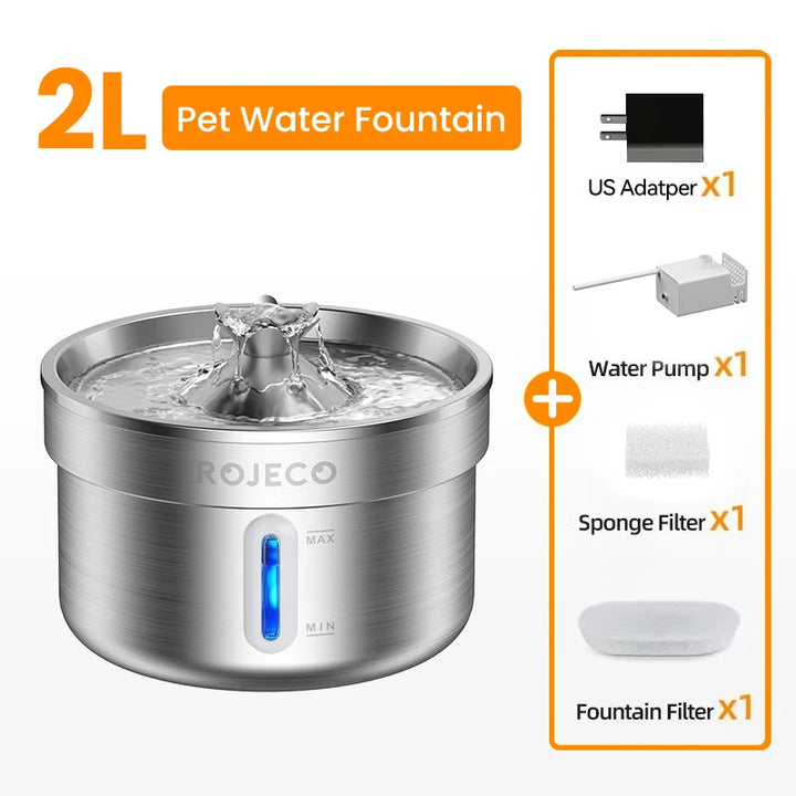 Fontaine à eau pour animaux 2L en acier inoxydable, avec pompe et filtres inclus.
