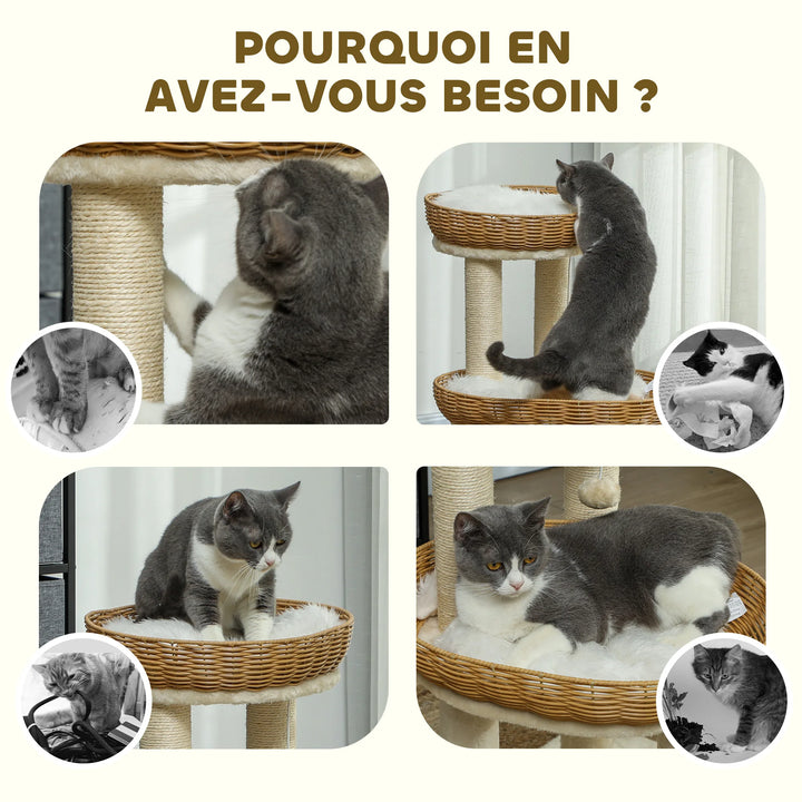 Arbre à chat 75 cm avec deux paniers en rotin et coussins lavables