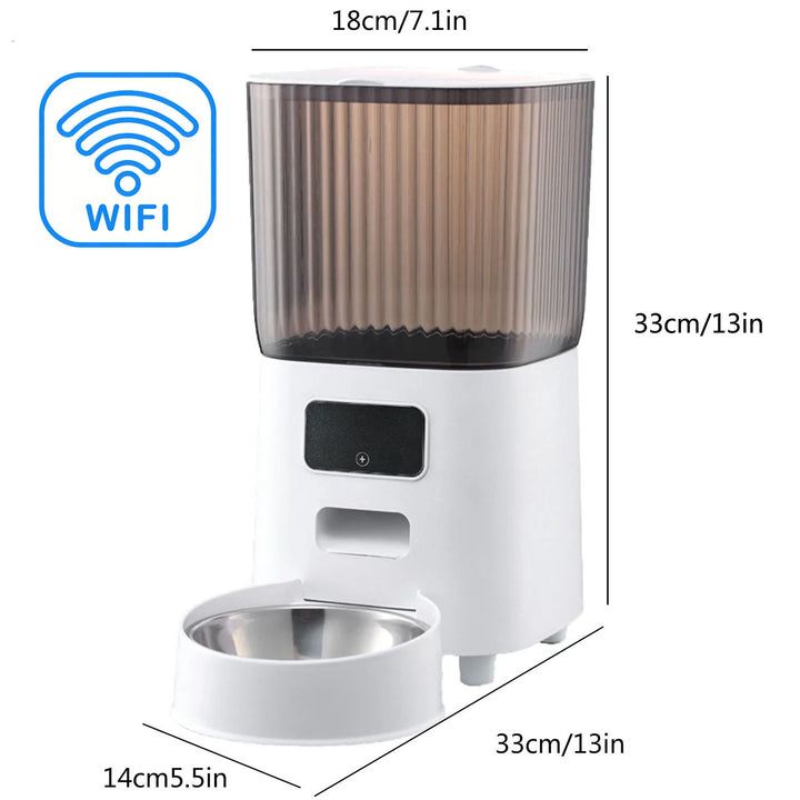 Distributeur automatique de nourriture pour animaux, blanc, WiFi, 33cm, avec bol en acier inoxydable.
