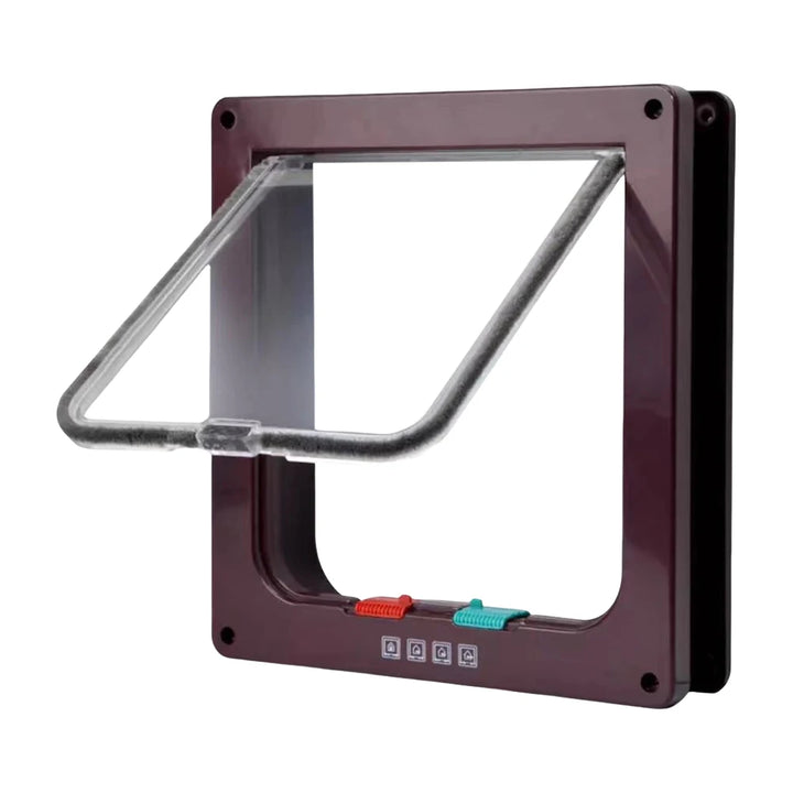 Chatière en plastique marron avec poignée transparente, fonction de sécurité intégrée.
