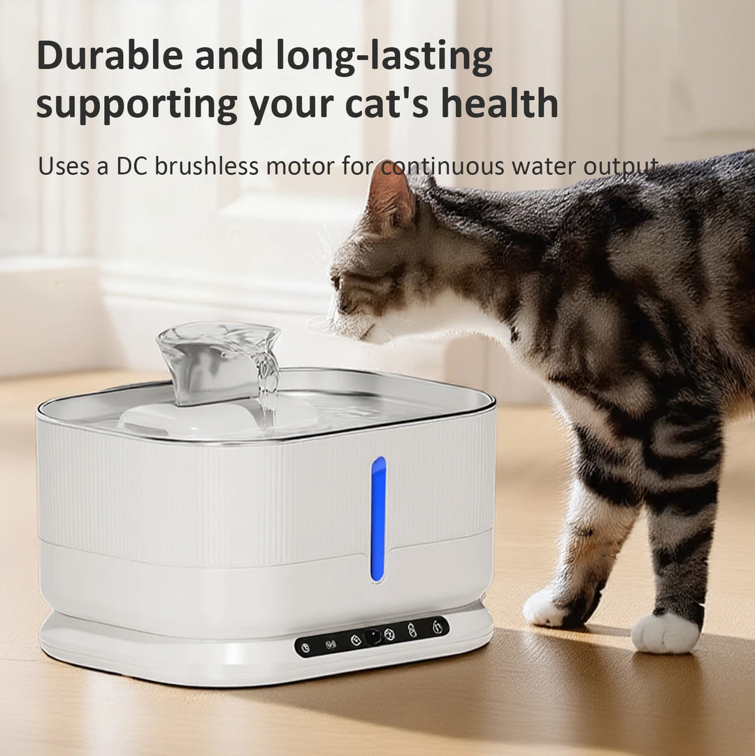 Fontaine à eau pour chat en blanc, moteur sans balais, durable, favorise la santé des animaux.