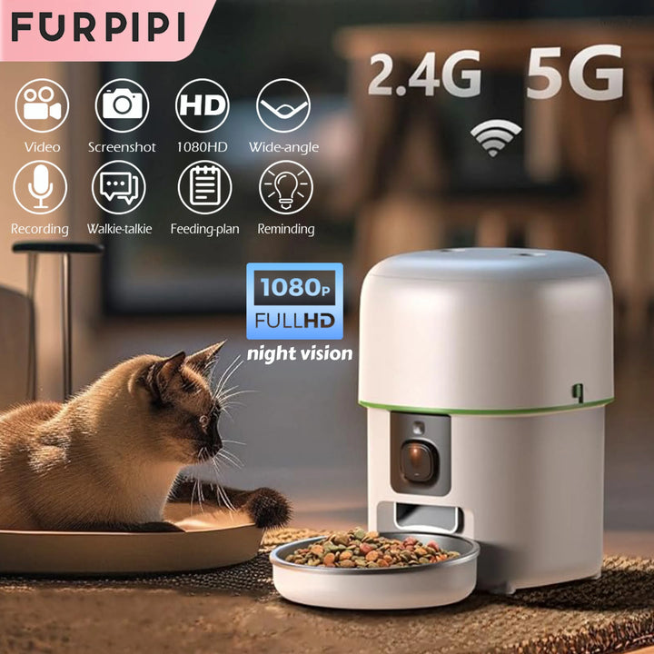 Distributeur automatique de nourriture pour chat, blanc, vision nocturne, vidéo 1080p, fonctionnalités avancées.