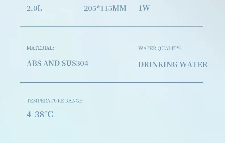 Distributeur d'eau potable 2L en ABS et SUS304, dimensions 205x115mm, température 4-38°C.