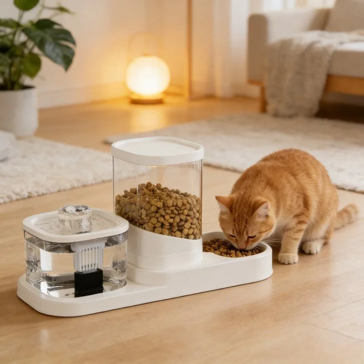Distributeur automatique pour animaux, blanc, avec compartiment pour croquettes et eau fraîche.