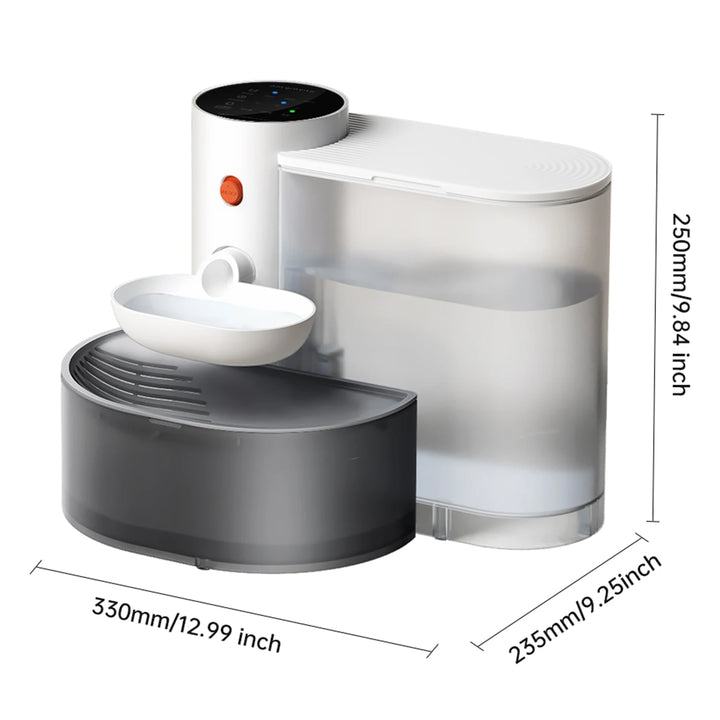 Distributeur d'eau automatique, blanc et gris, en plastique, dimensions 330x250mm, design moderne.