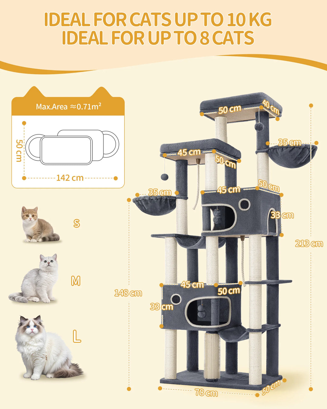 Arbre à chat XXL 213 cm gris foncé pour Maine Coon avec hamacs