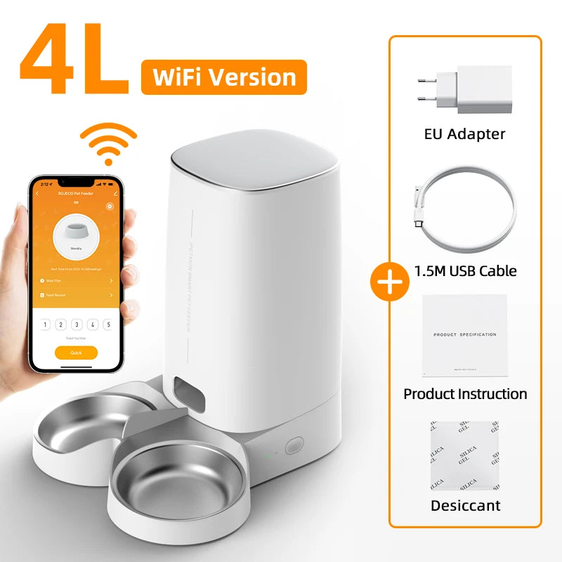 Distributeur automatique de nourriture pour animaux, 4L, WiFi, couleur blanche, avec adaptateur EU et câble USB.