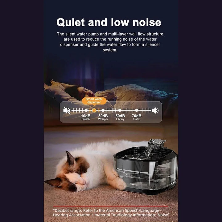 Distributeur d'eau silencieux en noir, conçu pour réduire le bruit, idéal pour les animaux domestiques.