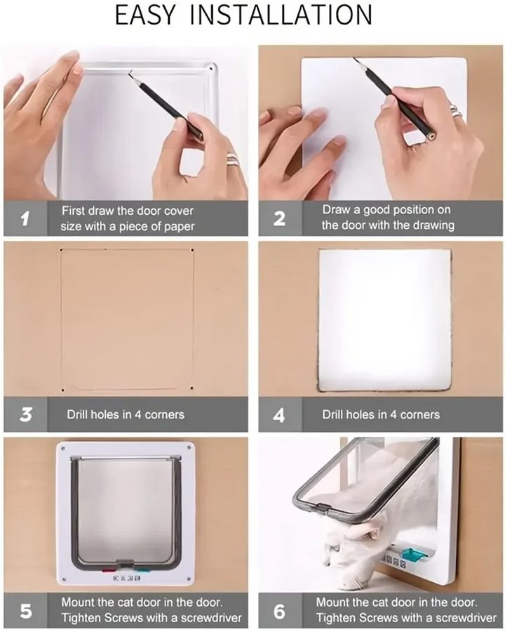Porte pour chat en plastique, installation facile, design blanc, idéale pour passer d'une pièce à l'autre.
