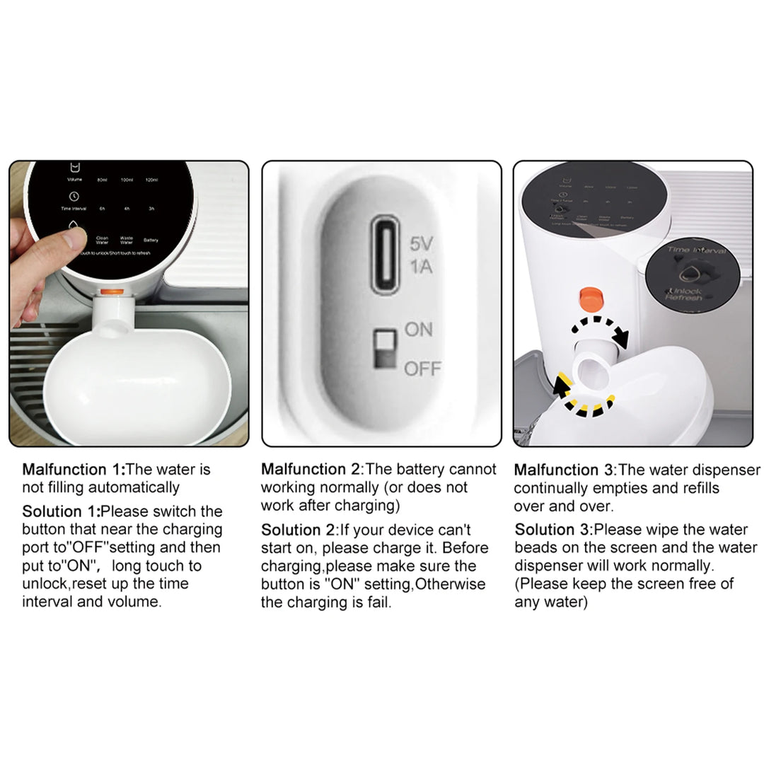 Distributeur d'eau automatique blanc, rechargeable, avec fonction de remplissage et écran de contrôle.