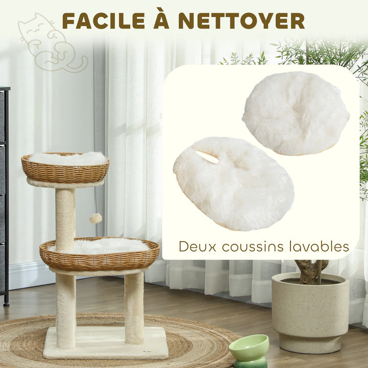 Arbre à chat 75 cm avec deux paniers en rotin et coussins lavables