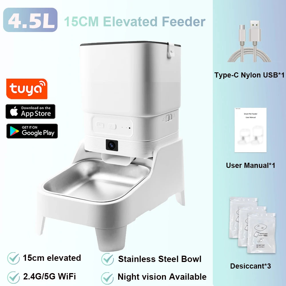 Distributeur de nourriture pour animaux, 4,5L, 15 cm élevé, bol en acier inoxydable, WiFi 2.4G/5G, vision nocturne.
