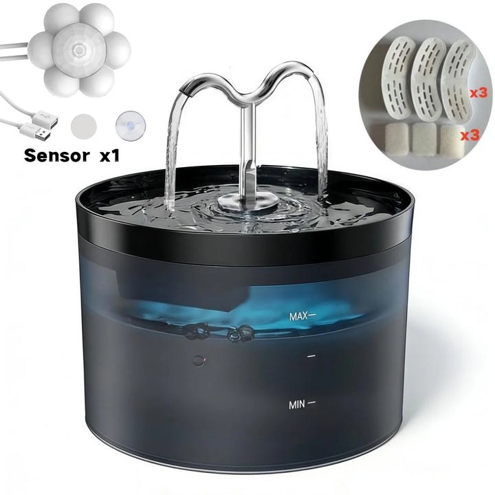 Fontaine à eau en plastique noir avec capteur et accessoires, design moderne, fonction d'auto-remplissage.