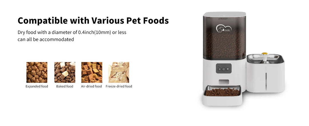 Distributeur automatique blanc pour aliments secs pour animaux, compatible avec croquettes de 0,4 pouce maximum.