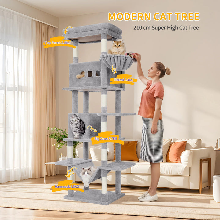 Arbre à chat 210 cm gris clair avec niches, hamac et griffoirs sisal