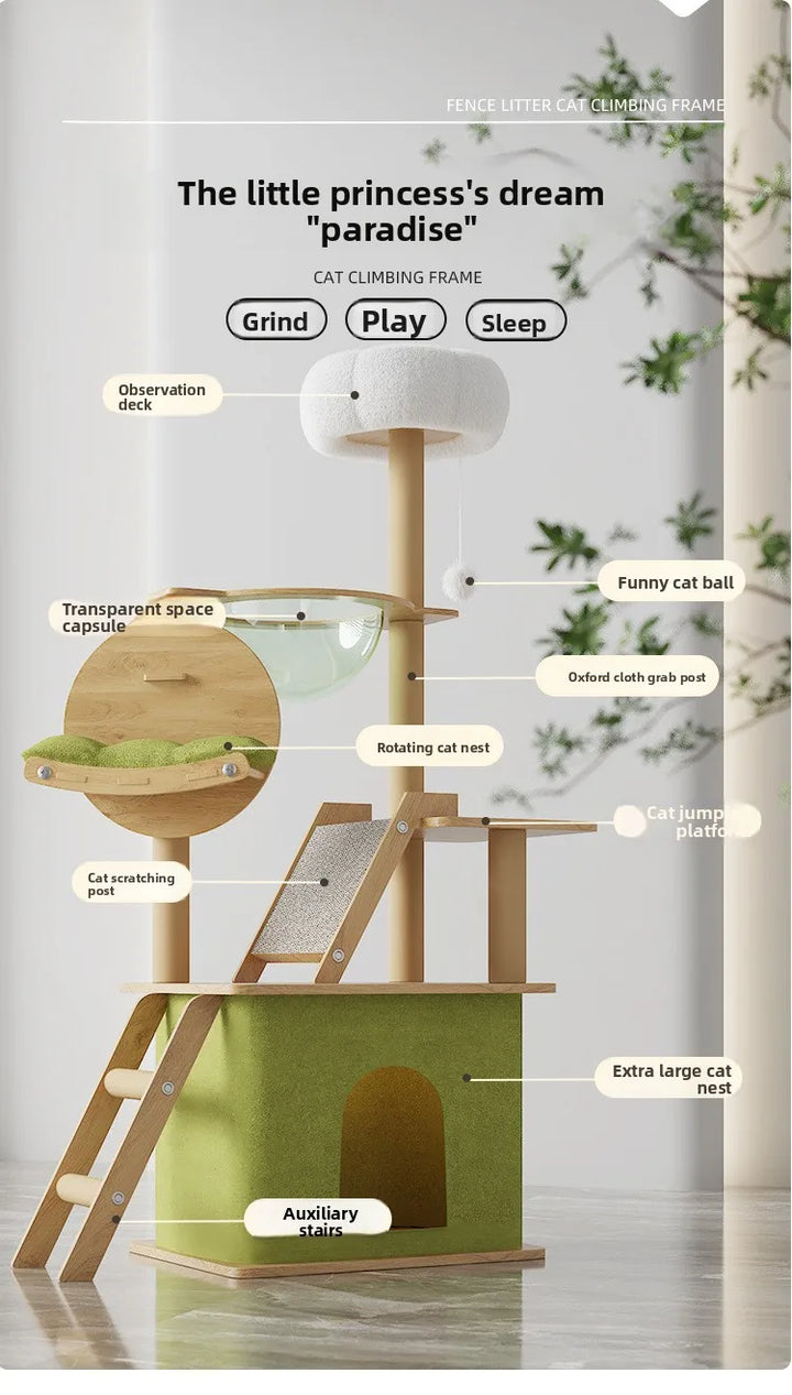 Arbre à chat en bois avec capsule spatiale et poteaux à griffer